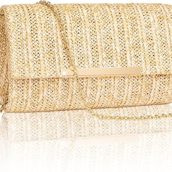 Straw Clutch Purse for Women, Summer Woven Beach Evening Bags w/Chain, Boho Enve - Picture 1 of 7